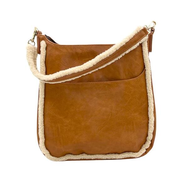 Ahdorned Camel Vegan Crossbody | Sherpa Trim w/Shoulder Strap - Picture 1 of 5